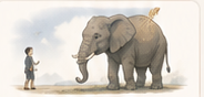 A small person standing beside a large elephant