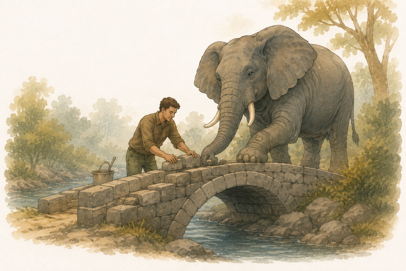 An elephant and a person building a stone bridge together, side by side