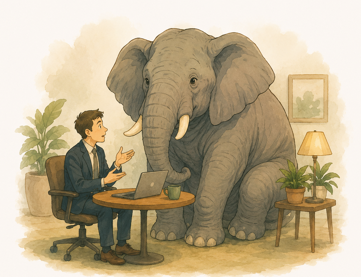 An elephant sitting calmly beside a person at a desk