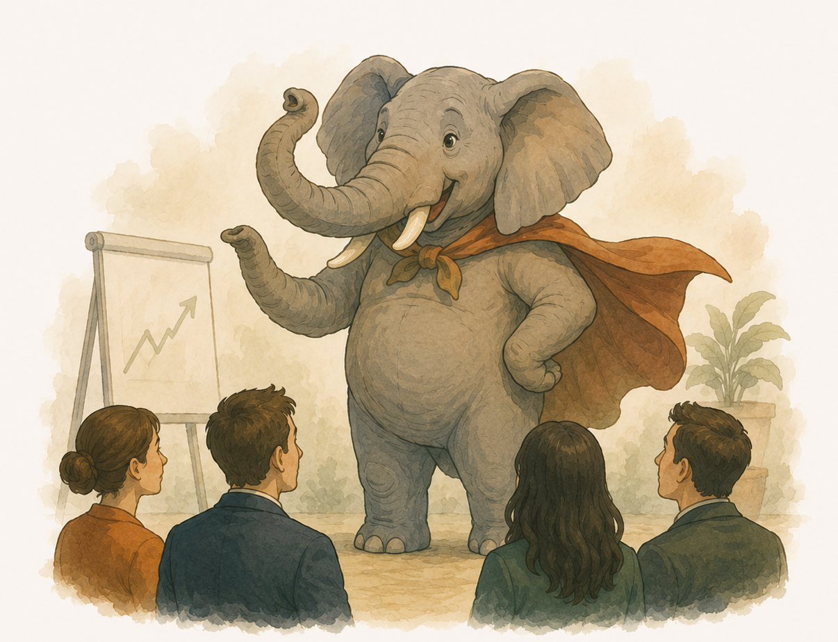 A caped elephant leading a team
