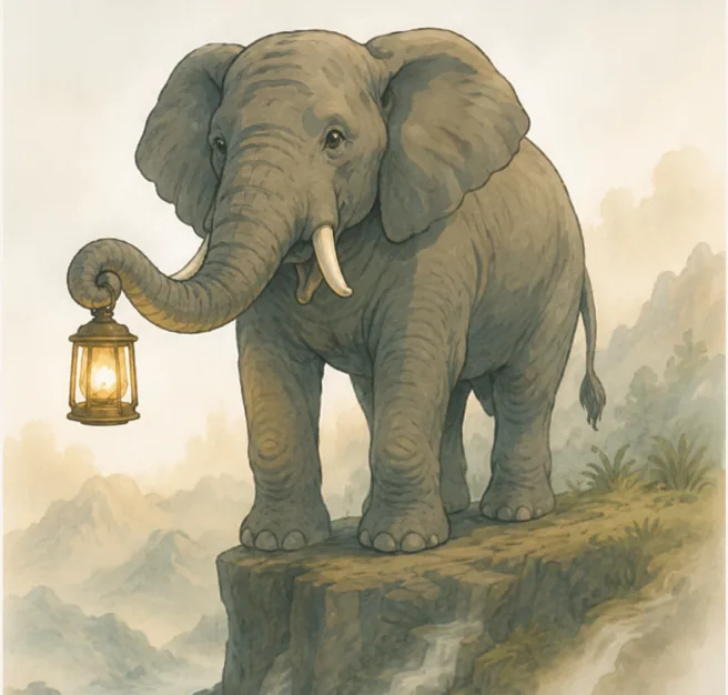 An elephant standing on a cliff edge, carrying a glowing lantern in its trunk