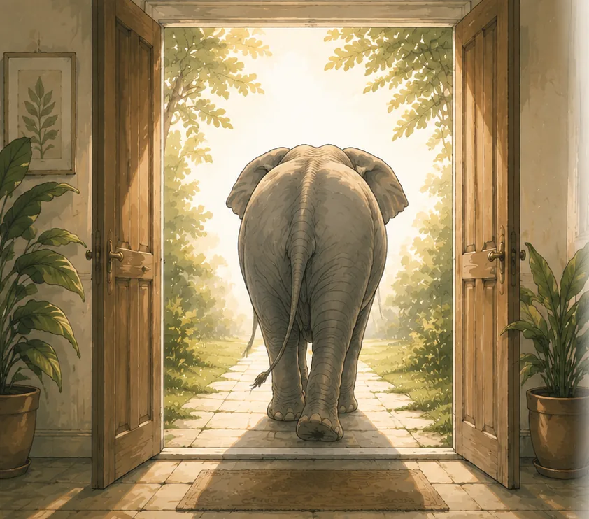 An elephant walking through an open door, toward the light
