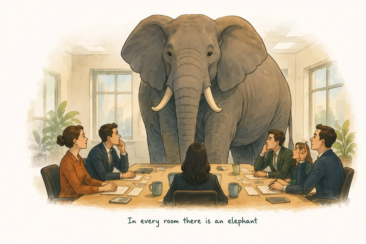A calm elephant standing in a meeting room while colleagues avoid looking at it. In every room there is an elephant.