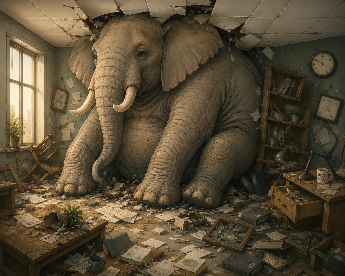 An elephant grown so large it has burst through the ceiling of a cluttered, neglected office